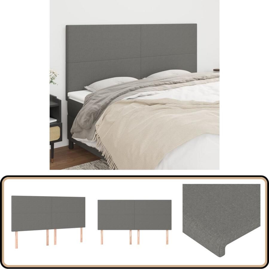 VidaXL Hoofdborden 4 stuks Stof Donkergrijs Hoofd Bord Hoofdkussen Bedkleden Slaap Accessoires Kamer Decoratie Grijs Stoffen Hoofdbord
