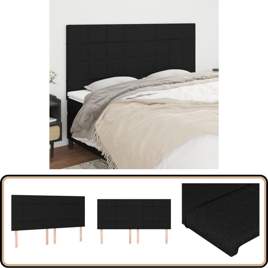 VidaXL Hoofdborden 4 stuks Stof Zwart 100x5x88 cm Hoofd Bord Hoofdborden Beddecoratie Slaapkamers Zwarte Meubels