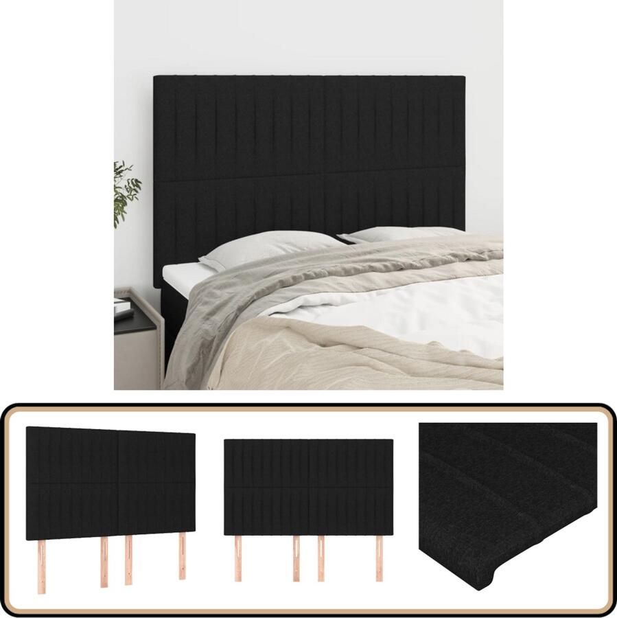 VidaXL Hoofdborden 4 stuks Stof Zwart 72x78 88 cm Hoofd Bord Hoofdeinde Bedkader Slaap Accessoires Zwarte Meubels Stoffen Hoofdenbord