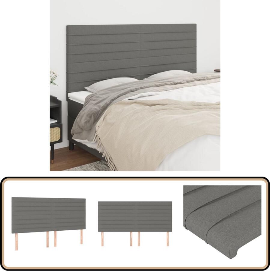 VidaXL Hoofdborden Donkergrijs Set van 4 Stof Hoofd Bord Beddecoratie Hoofdkussen Slaapcomfort Grijs Stoffen Hoofdbord Modern Hoofdbord Luxe Hoofdbord Comfortabel Hoofdbord
