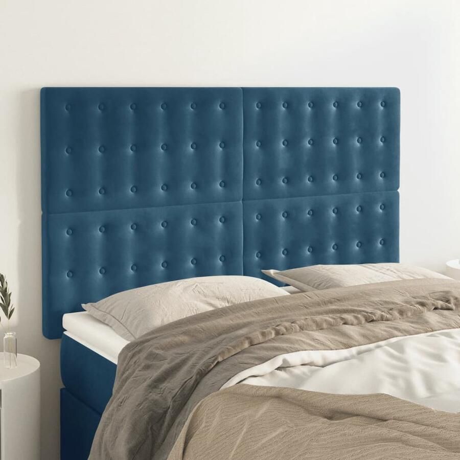 VidaXL Hoofdborden Fluweel 4 stuks Donkerblauw Hoofd Bord Hoofdkussen Velvet Blauw Tweepersoonsbed King Size Bed Stapelbed - Foto 2