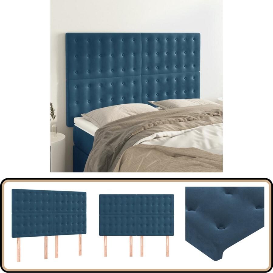 VidaXL Hoofdborden Fluweel 4 stuks Donkerblauw Hoofd Bord Hoofdkussen Velvet Blauw Tweepersoonsbed King Size Bed Stapelbed
