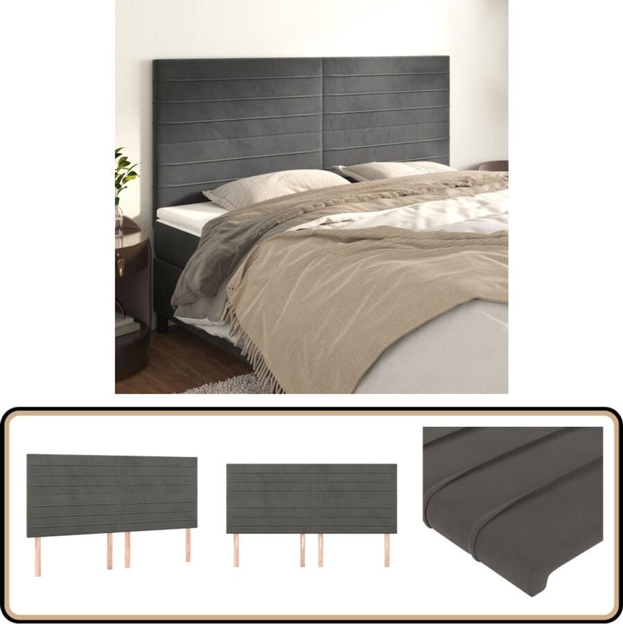 VidaXL Hoofdborden Fluweel Donkergrijs 4 stuks Hoofd Bord Hoofdeinde Velvet Grijs Tweepersoonsbed Bed Accessoires