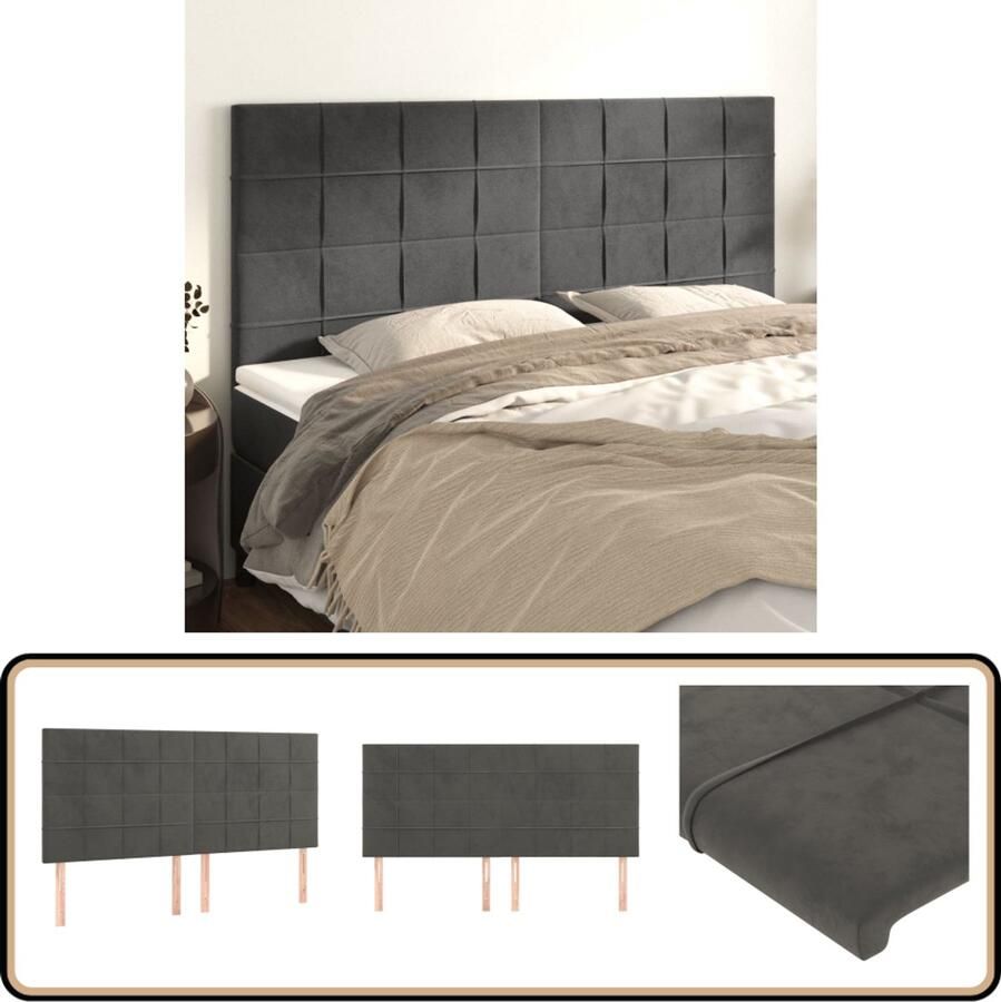 VidaXL Hoofdborden Fluweel Donkergrijs 4 stuks Hoofd Bord Hoofdkussen Bed Accessoires Velvet Grijs Tweepersoonsbed