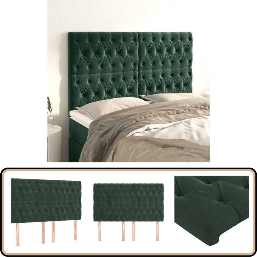 VidaXL Hoofdborden Fluweel Donkergroen 4 stuks Hoofd Bord Hoofdkussen Beddecoratie Velvet Groen Luxe