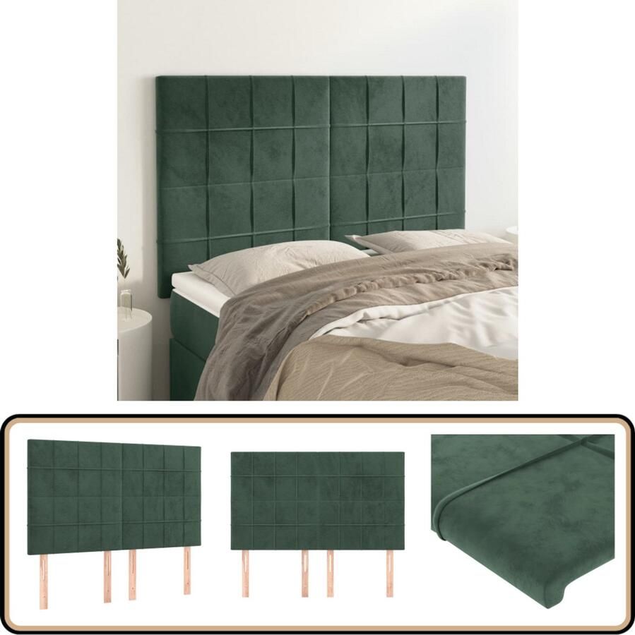 VidaXL Hoofdborden Fluweel Donkergroen 4 stuks Hoofd Bord Hoofdkussen Velvet Donkere Kleuren Stapelbed Tweepersoonsbed King Size Bed Luxe Beddengoed