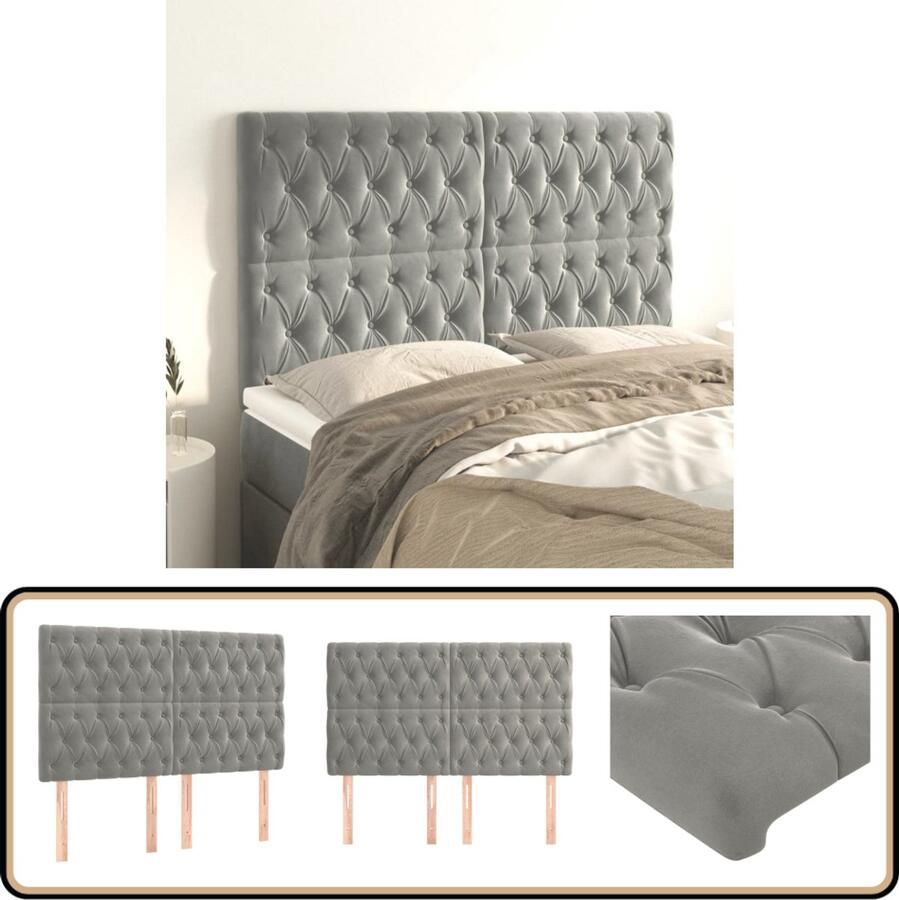 VidaXL Hoofdborden Fluweel Lichtgrijs 4 stuks Hoofd Bord Hoofdkussen Beddengoed Bedroom Decor Luxe Bedding