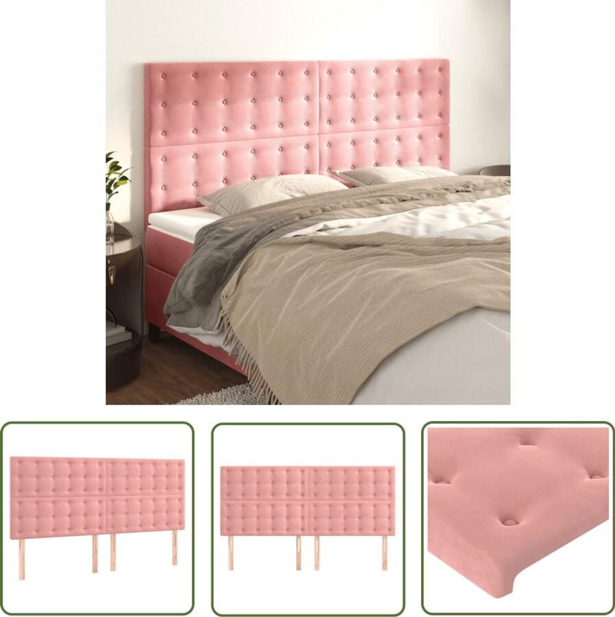 VidaXL Hoofdborden Fluweel Roze 4 stuks Hoofd Bord Beddecoratie Hoofdeinde Velvet Roze Klassiek