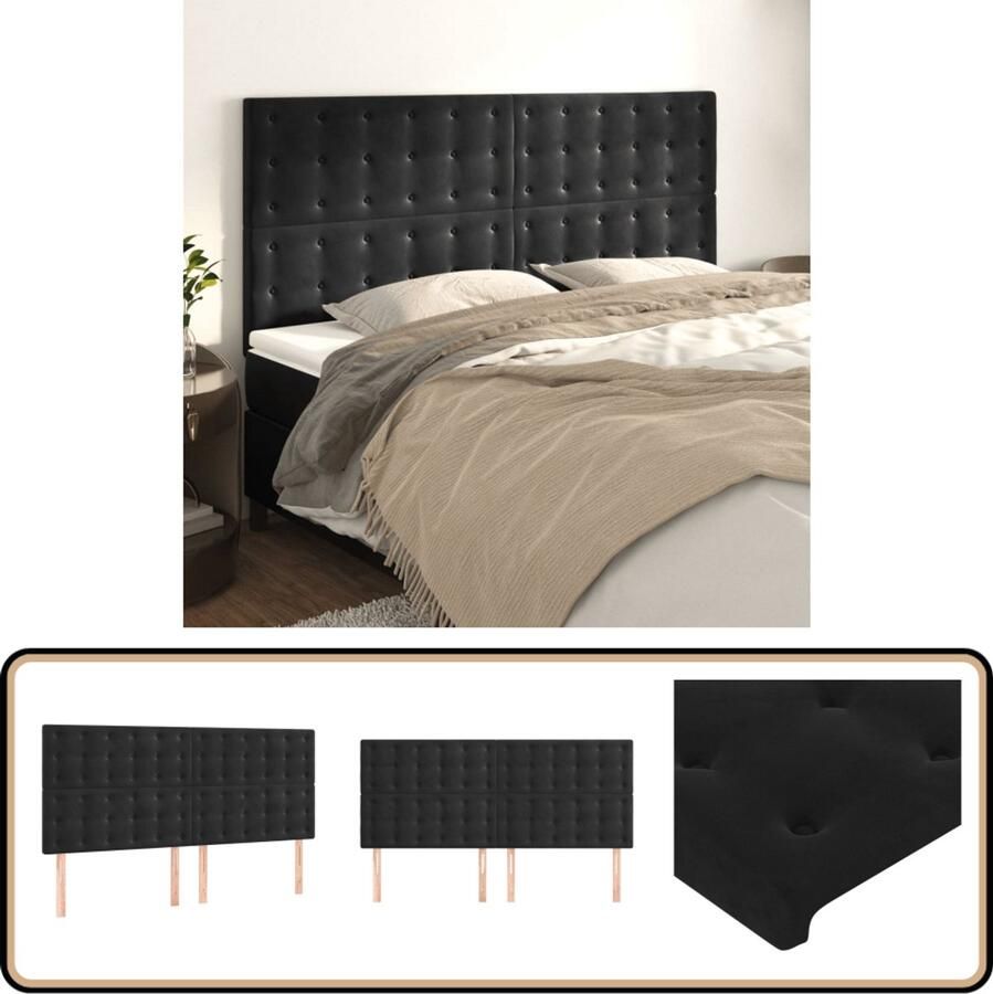 VidaXL Hoofdborden Fluweel Zwart Set van 4 90x78 cm Klassieke Hoofdbord Zwart Velvet Hoofdbord Bedhoofd Hoofsteun Ergonomisch Hoofdbord Luxe Hoofdbord Stapelbare Hoofdenbord