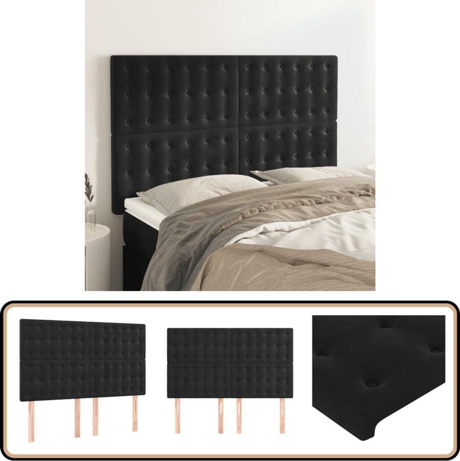 VidaXL Hoofdborden Fluweel Zwart Set van 4 Hoofd Bord Hoofdkussen Velvet Zwarte Kleur Stapelbed Tweepersoonsbed Luxe Bed Comfort