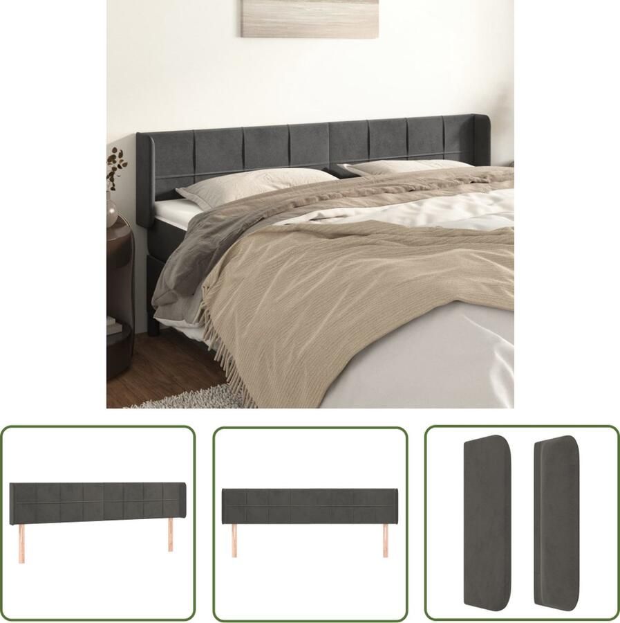The Living Store Hoofdeind Donkergrijs Stof 183x16x78 88 cm Verstelbaar Fluwelen bekleding Stevige houten poten Hoofd Bord Hoofdborden Beddecoratie Velvet Grijs