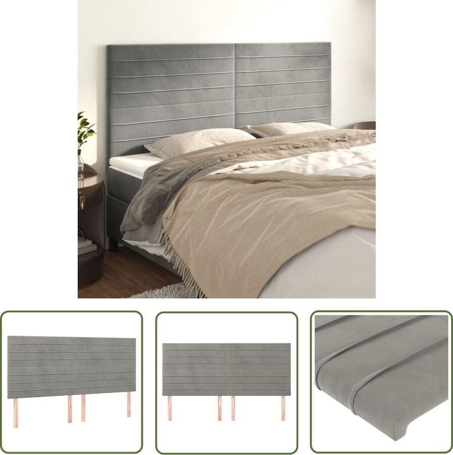 The Living Store Hoofdborden 4 st 90x5x78 88 cm fluweel lichtgrijs Hoofd Bord Hoofdborden Beddecoratie Velvet Grijs