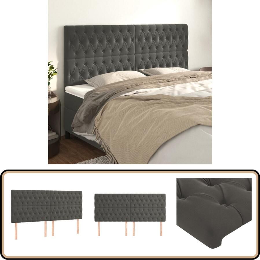 VidaXL Hoofdborden Set van 4 Fluweel Donkergrijs Hoofd Bord Hoofdkussen Bedkleden Slaap Accessoires Luxe Bedding