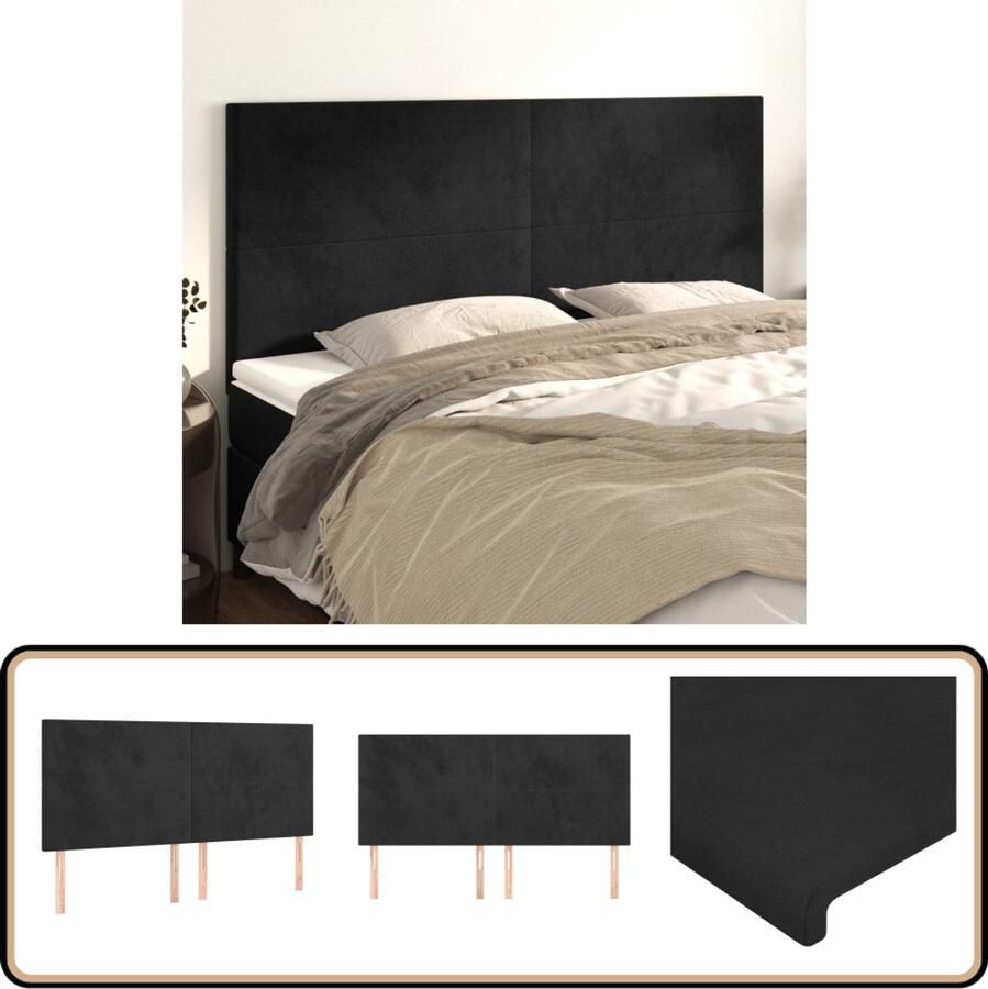 VidaXL Hoofdborden Set van 4 Fluweel Zwart 100x78 88 cm Hoofd Bord Hoofdkussen Beddecoratie Velvet Zwarte Kamer