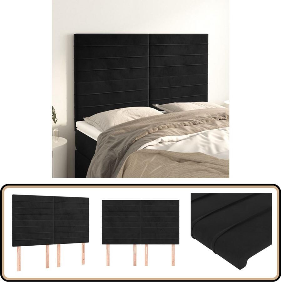 VidaXL Hoofdborden Set van 4 Fluweel Zwart Hoofd Bord Hoofdeinde Velvet Zwart Bed Accessoires