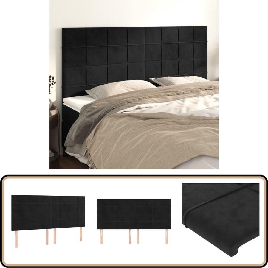 VidaXL Hoofdborden Set van 4 Fluweel Zwart Hoofd Bord Hoofdkussen Velvet Zwarte Kleur Tweepersoonsbed Slaapcomfort