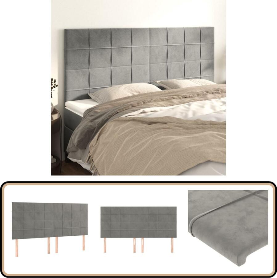 VidaXL Hoofdborden Set van 4 Lichtgrijs Fluweel Hoofd Bord Hoofdkussen Bedkleden Tweepersoonsbed Luxe Bed Velvet Grijs