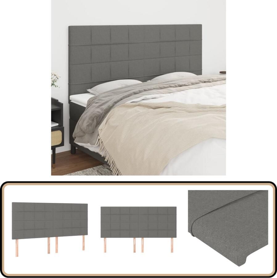 VidaXL Hoofdborden Set van 4 Stof Donkergrijs Hoofd Bord Hoofdkussen Beddecoratie Slaap Accessoires Grijs Stoffen Hoofdbord Modern Hoofdbord Klassiek Hoofdbord