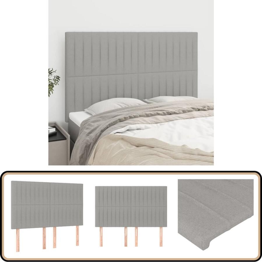 VidaXL Hoofdborden Set van 4 Stof Lichtgrijs Hoofd Bord Hoofdkussen Bed Accessoires Bedroom Decoratie Grijs Stoffen Hoofdbord