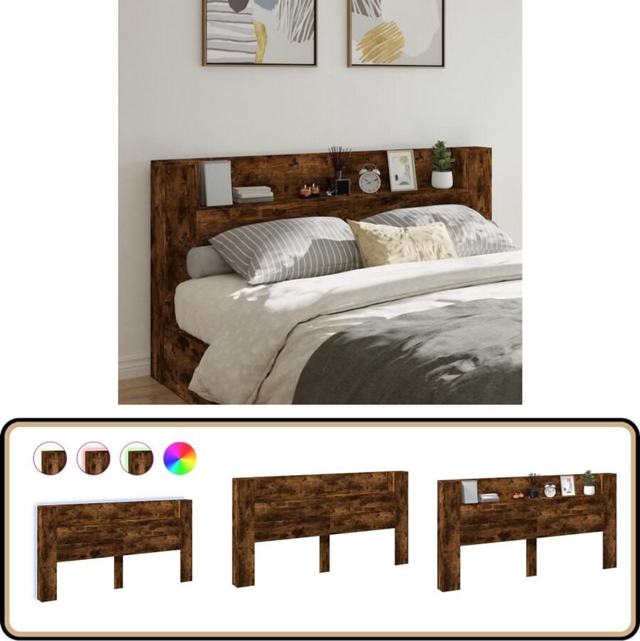 VidaXL Hoofdbordkast 200 cm Gerookt Eiken LED Hoofdbord Kast Led Hoofdbord Met Lampjes Bedside Table Nachtkastje