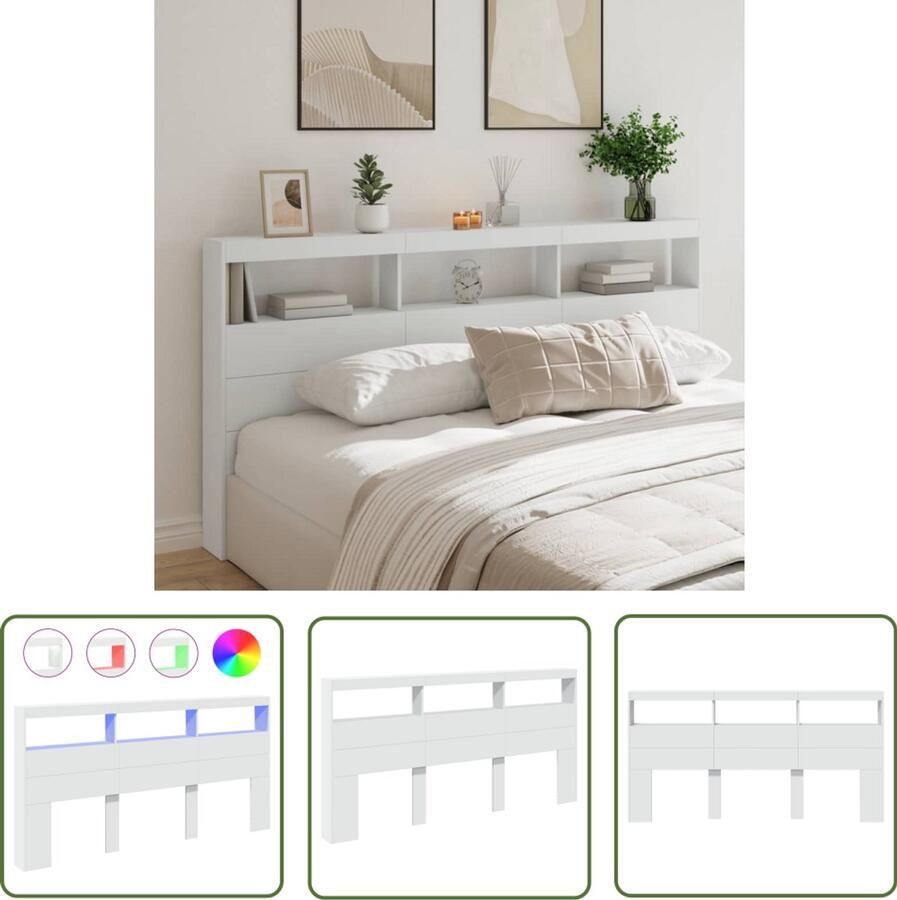 VidaXL Hoofdbordkast 200x17x102 cm Wit LED-verlichting Hoofdbord Led Verlichting Bedroom Furniture Slaapkamers Houten Hoofdbord