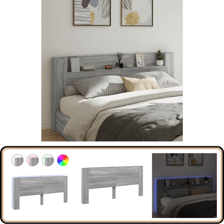VidaXL Hoofdbordkast 220x16 5x103 5 cm Grijs eiken Hoofdbord Led Verlichting Slaapkamer Houten Hoofdbord Tv Headboard