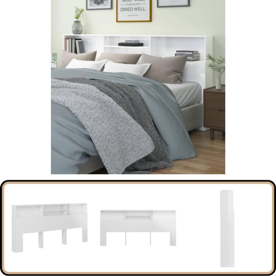 The Living Store Hoofdbordkast 220 x 19 x 103.5 cm Hoogglans wit Hoofd Bord Kast Hoofdkast Beddecoratie Slaap Kamer Slaapkamers