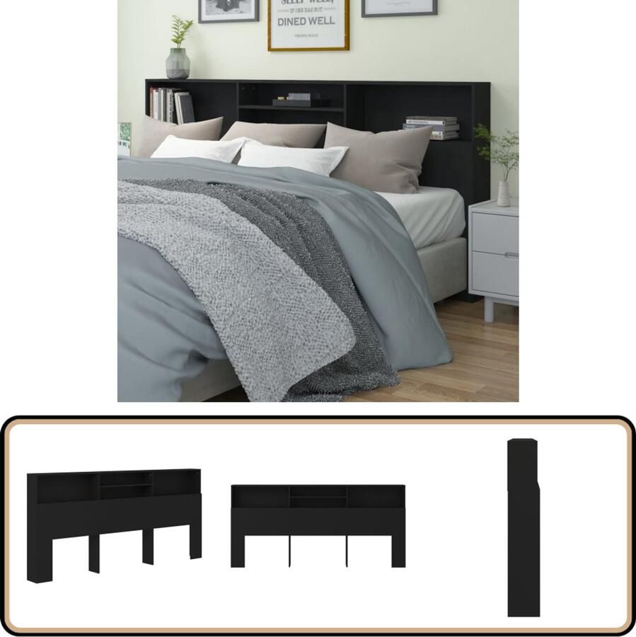VidaXL Hoofdbordkast 220x19x103 5 cm Zwart Hoofd Bordkast Hoofdborden Boekenkast Slaapkamerdecoratie Houten Hoofdbord Zwarte Hoofdbordkast