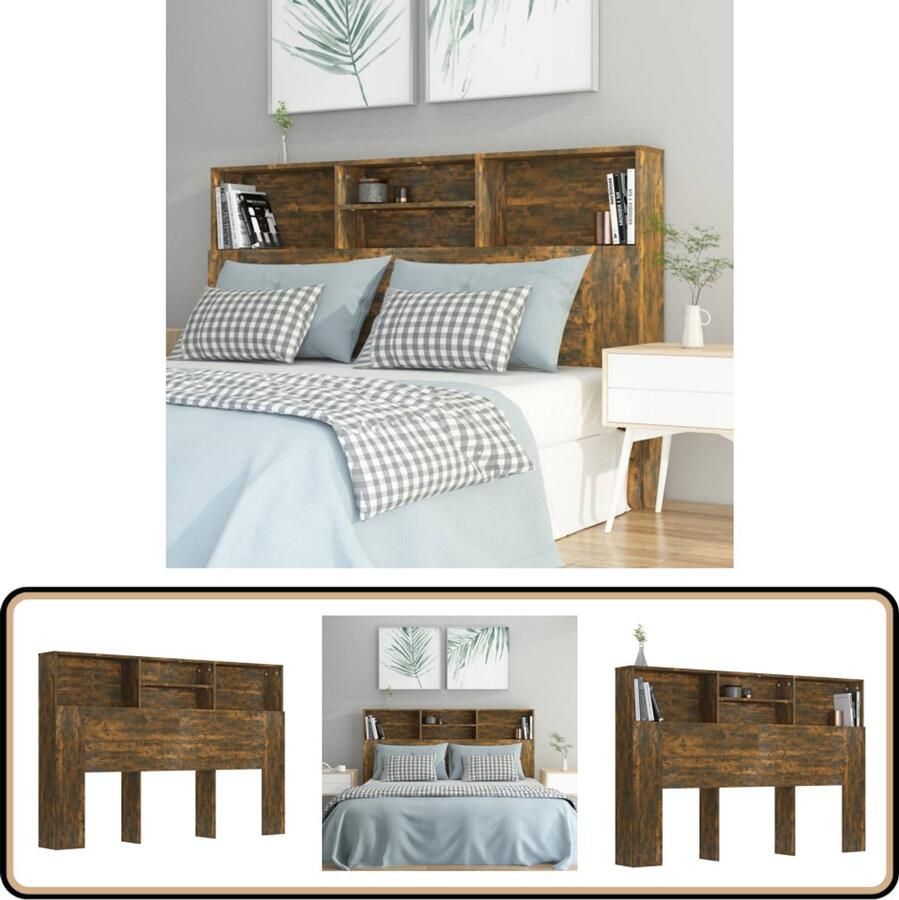 VidaXL Hoofdbordkast Gerookt Eiken 160x103 5cm Hoofd Bord Kast Hoofdkast Wandmonteren Houten Hoofdbord Bruine Hoofdbordkast Slaapkamer Decoratie Bergruimte Boekenplank - Foto 2
