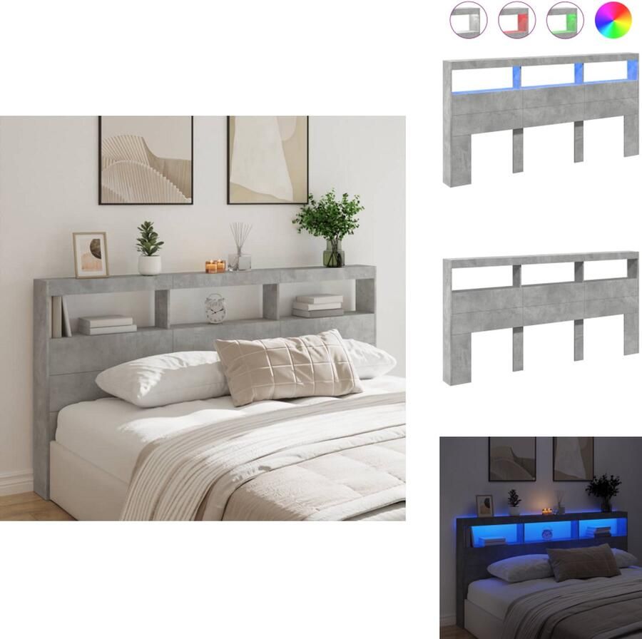 VidaXL Hoofdbordkast Hoofdbordkasten Hoofdbord Kast Hoofdbord Kast Bed Hoofdbordkast met LED-verlichting 200x17x102 cm betongrijs