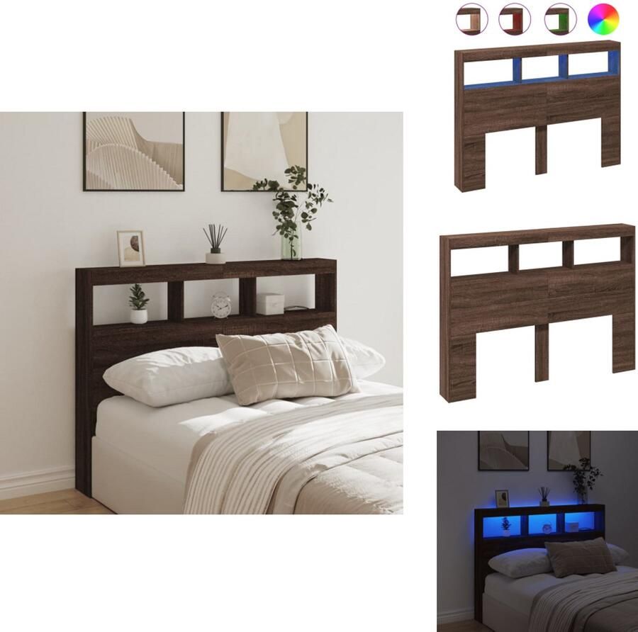 VidaXL Hoofdbordkast Hoofdbordkasten Hoofdbord Kast Hoofdbord Kast Bed Hoofdbordkast met LED-verlichting 140x17x102 cm bruin eiken