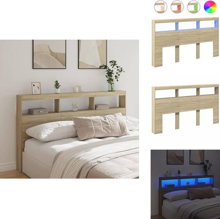 VidaXL Hoofdbordkast Hoofdbordkasten Hoofdbord Kast Hoofdbord Kast Bed Hoofdbordkast met LED-verlichting 180x17x102 cm sonoma eiken