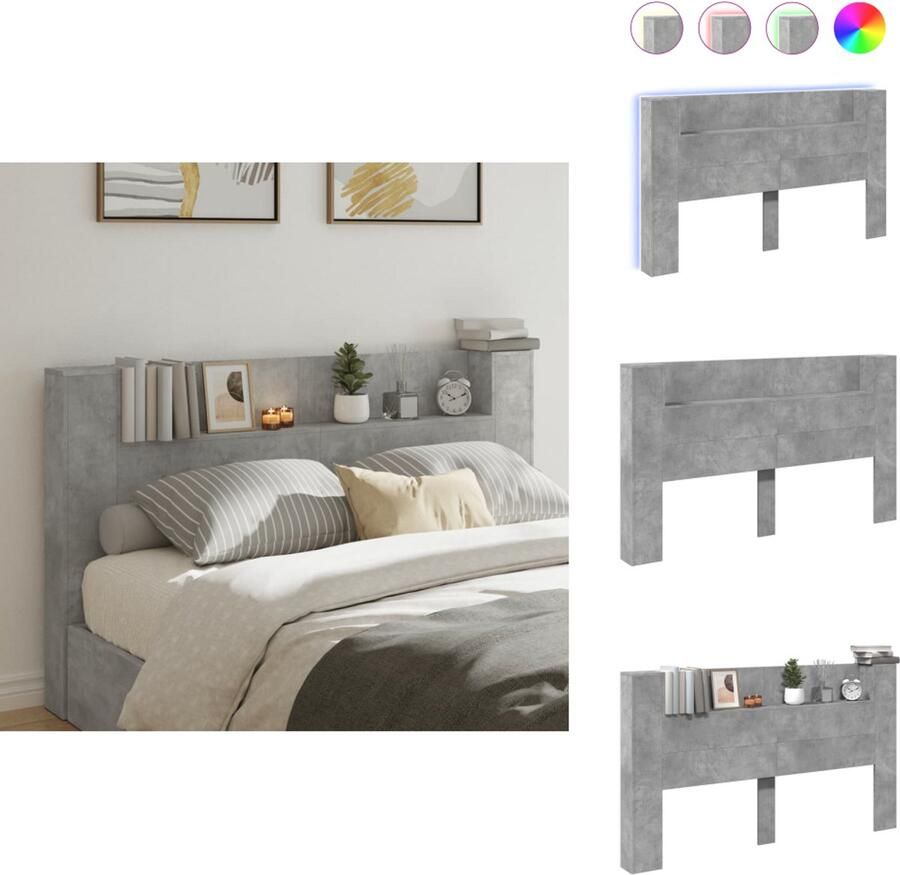 VidaXL Hoofdbordkast Hoofdbordkasten Hoofdbord Kast Hoofdbord Kast Bed Hoofdbordkast met LED-verlichting 180x16 5x103 5 cm betongrijs