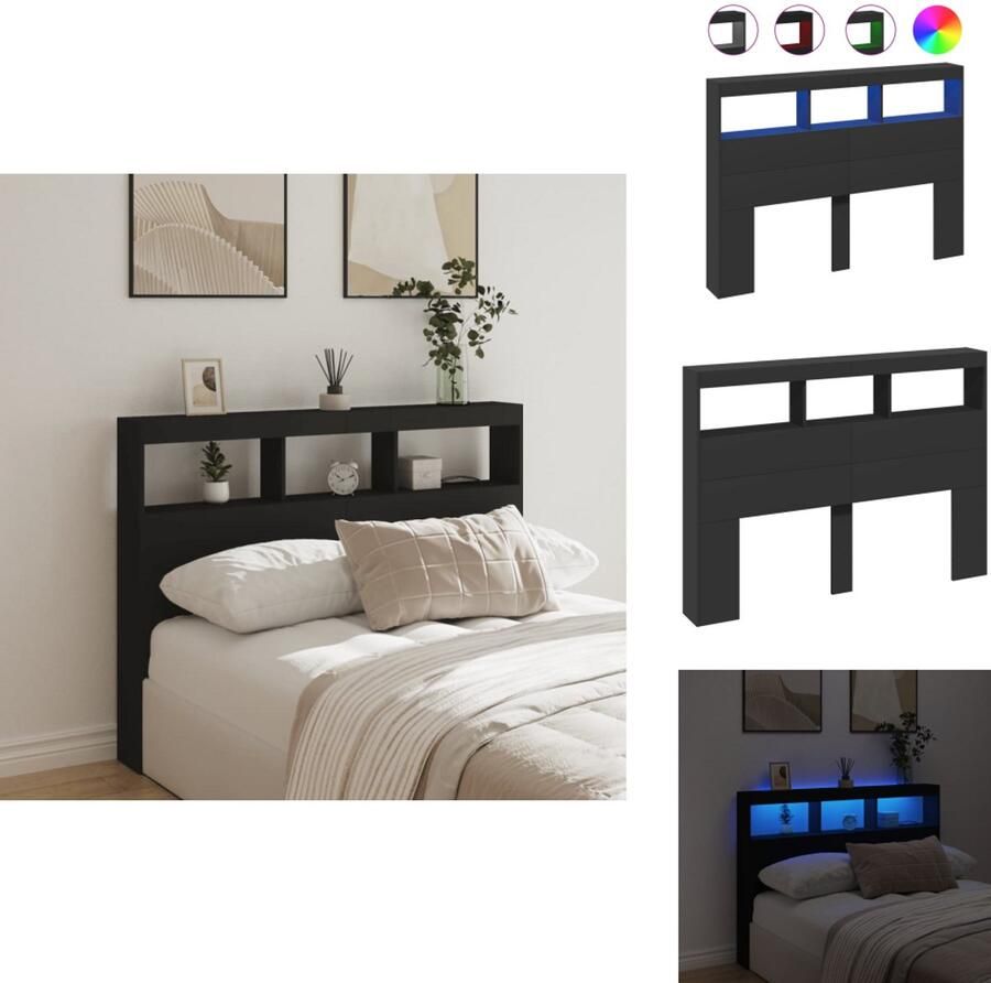 VidaXL Hoofdbordkast Hoofdbordkasten Hoofdbord Kast Hoofdbord Kast Bed Hoofdbordkast met LED-verlichting 140x17x102 cm zwart