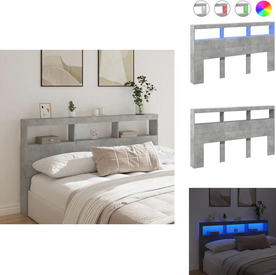 VidaXL Hoofdbordkast Hoofdbordkasten Hoofdbord Kast Hoofdbord Kast Bed Hoofdbordkast met LED-verlichting 180x17x102 cm betongrijs