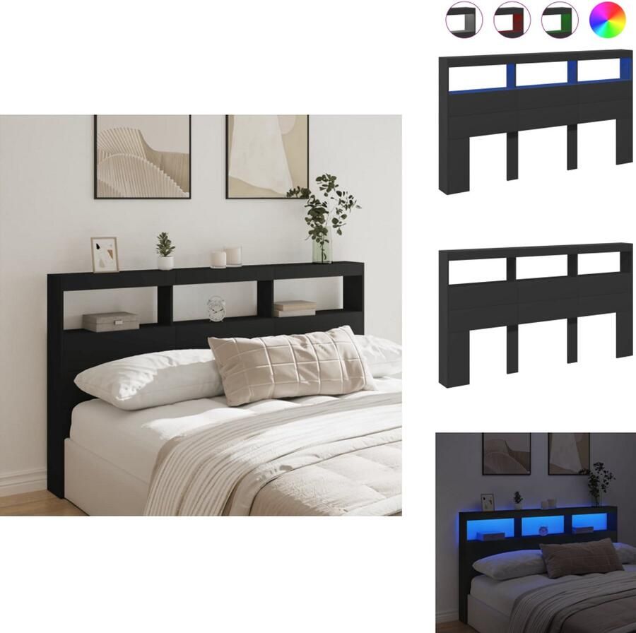 VidaXL Hoofdbordkast Hoofdbordkasten Hoofdbord Kast Hoofdbord Kast Bed Hoofdbordkast met LED-verlichting 180x17x102 cm zwart
