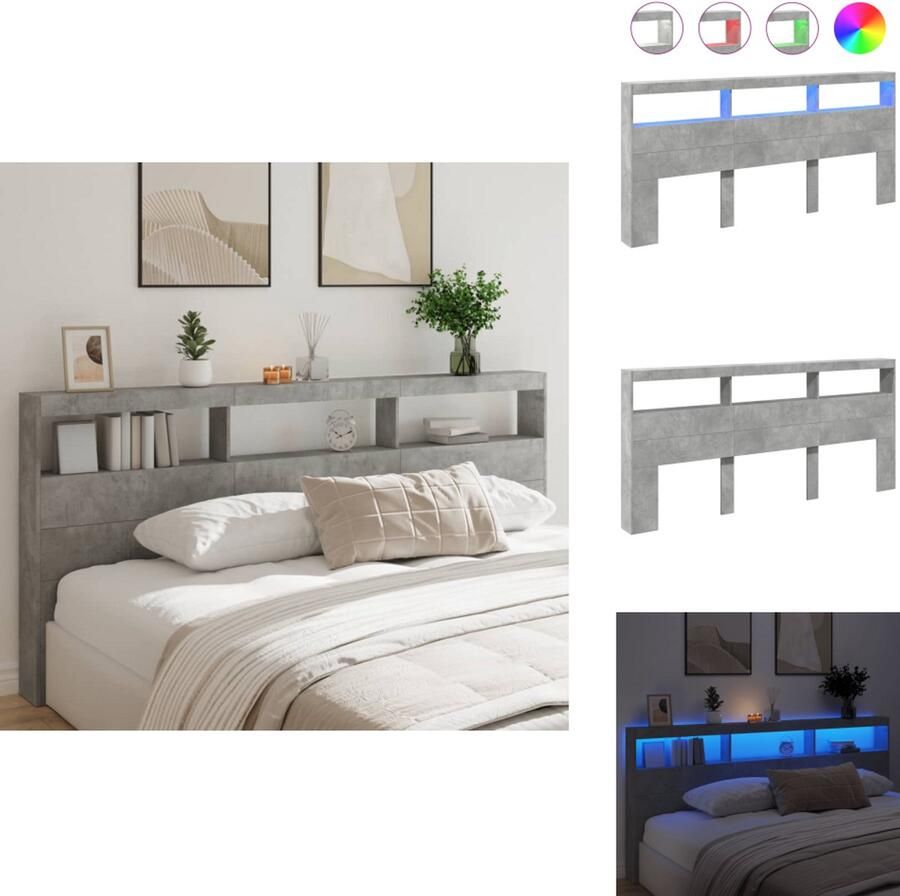 VidaXL Hoofdbordkast Hoofdbordkasten Hoofdbord Kast Hoofdbord Kast Bed Hoofdbordkast met LED-verlichting 220x17x102 cm betongrijs