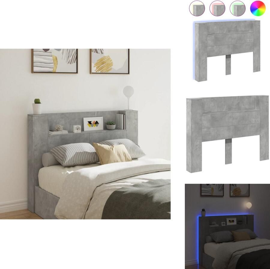 VidaXL Hoofdbordkast Hoofdbordkasten Hoofdbord Kast Hoofdbord Kast Bed Hoofdbordkast met LED-verlichting 140x16 5x103 5 cm betongrijs
