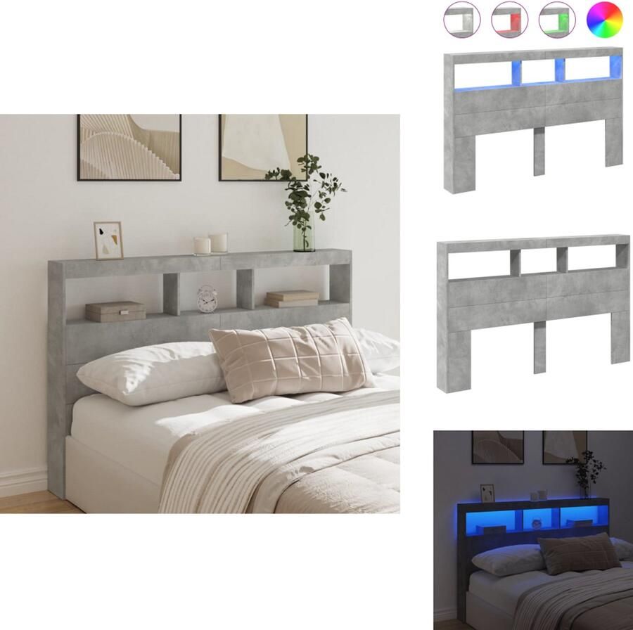 VidaXL Hoofdbordkast Hoofdbordkasten Hoofdbord Kast Hoofdbord Kast Bed Hoofdbordkast met LED-verlichting 160x17x102 cm betongrijs
