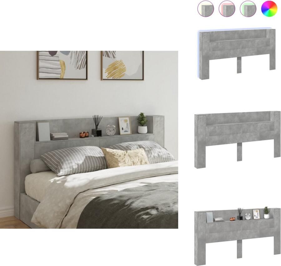 VidaXL Hoofdbordkast Hoofdbordkasten Hoofdbord Kast Hoofdbord Kast Bed Hoofdbordkast met LED-verlichting 200x16 5x103 5 cm betongrijs