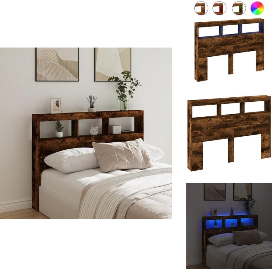 VidaXL Hoofdbordkast Hoofdbordkasten Hoofdbord Kast Hoofdbord Kast Bed Hoofdbordkast met LED-verlichting 140x17x102 cm gerookt eiken