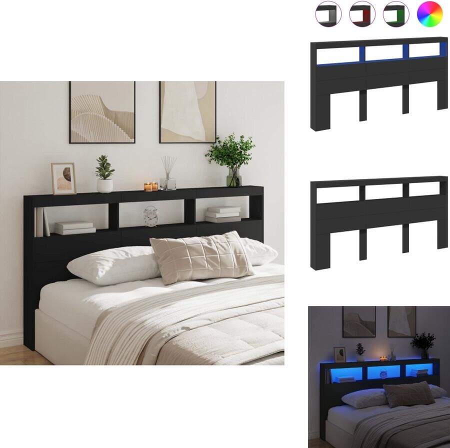 VidaXL Hoofdbordkast Hoofdbordkasten Hoofdbord Kast Hoofdbord Kast Bed Hoofdbordkast met LED-verlichting 200x17x102 cm zwart