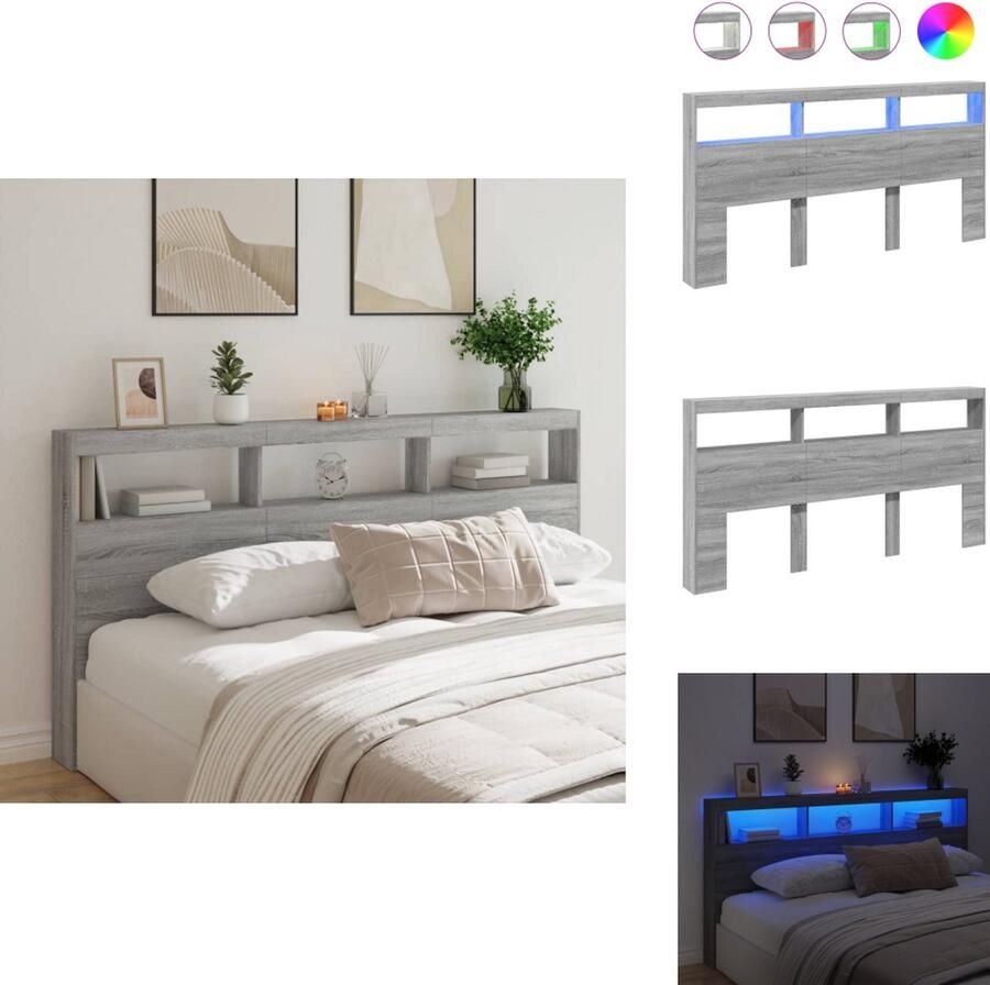 VidaXL Hoofdbordkast Hoofdbordkasten Hoofdbord Kast Hoofdbord Kast Bed Hoofdbordkast met LED-verlichting 200x17x102 cm grijs sonoma