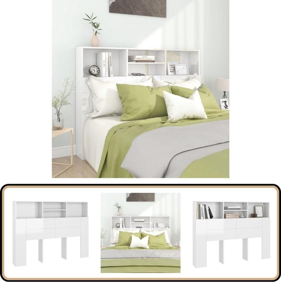 VidaXL Hoofdbordkast Hoogglans Wit 140x103 5 cm Hoofd Bordkast Hoofdborden Slaapkamer Decoratie Houten Hoofdbord Wandmontage Opbergvakken