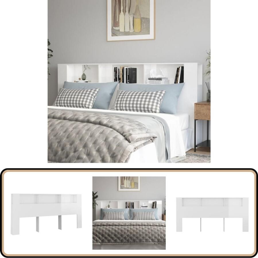 VidaXL Hoofdbordkast Hoogglans Wit 220x18 5x104 5 cm Hoofd Bord Kast Hoofdkast Bedkanten Slaapkamersdecoratie Houten Hoofdbord Witte Hoofdbordkast Opslagoplossing Kamer Accessoires Design Hoofdbord
