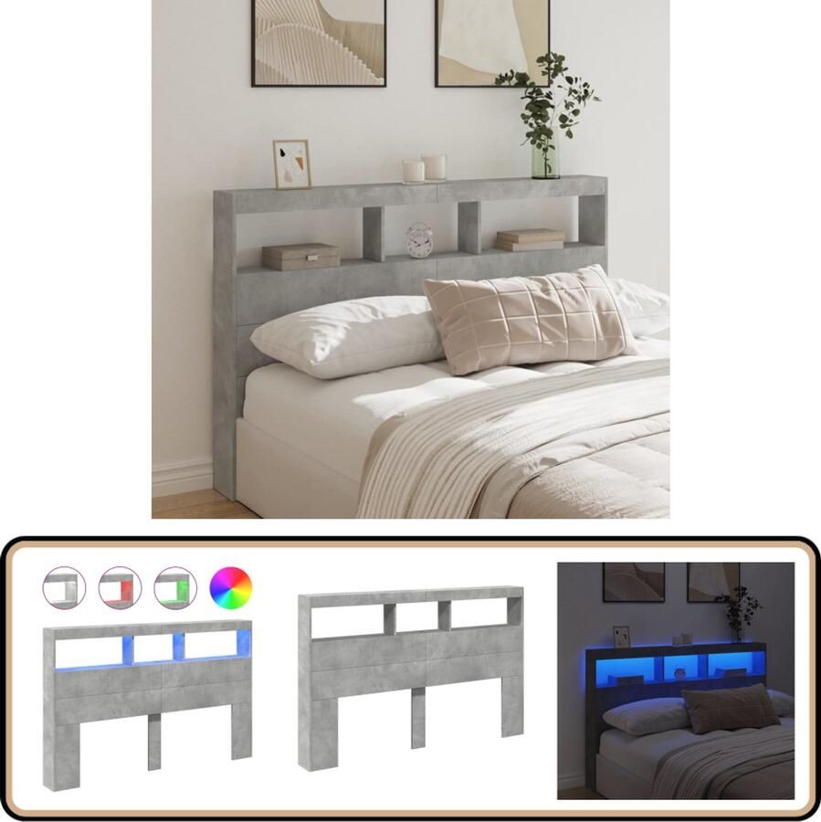 VidaXL Hoofdbordkast LED 160x17x102 cm Betongrijs Hoofdbord Led Verlichting Hoofdkast Bedroom Furniture Slaapkamersdecoratie
