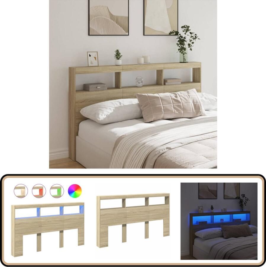 VidaXL Hoofdbordkast LED 180x17x102 cm Sonoma eiken Hoofdbord Led Lamp Bedroom Furniture Slaapkamers Houten Hoofdbord