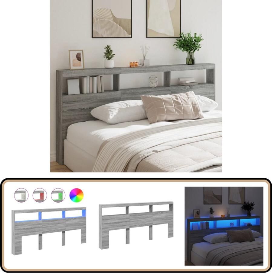VidaXL Hoofdbordkast LED 220x17x102 cm Grijs Eiken Hoofdbordkast Led Verlichting Bedroom Furniture Houten Hoofdbord Grijze Hoofdbord