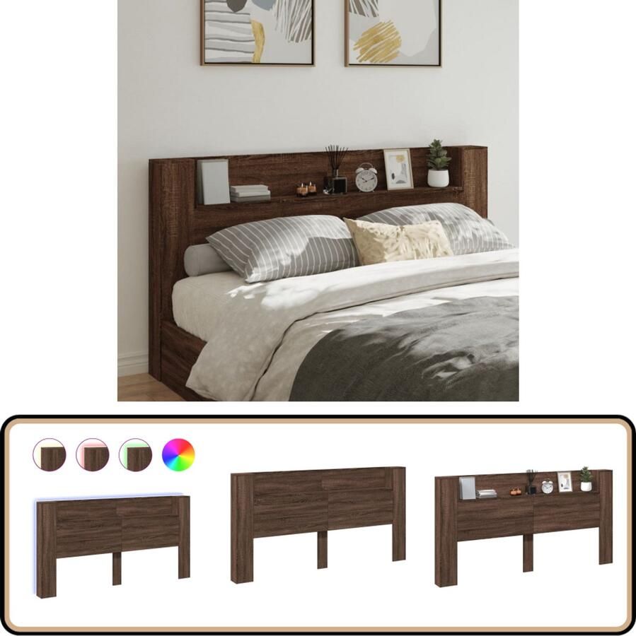 VidaXL Hoofdbordkast LED Bruin Eiken 200x103 cm Hoofdbord Led Hoofdbord Kast Bedding Slaapkamers
