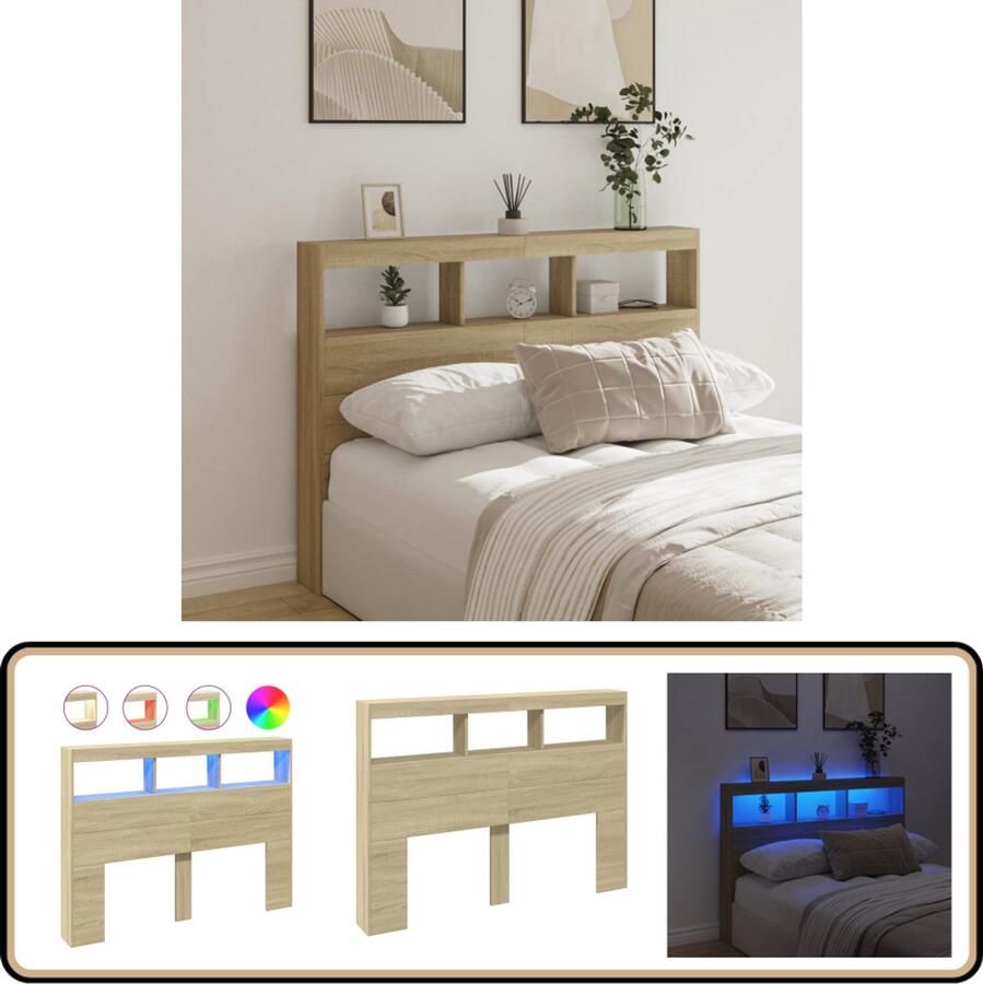 VidaXL Hoofdbordkast LED Sonoma eiken 140x102 cm Hoofdbord Led Lamp Hoofdbekleding Bedroom Furniture Houten Hoofdbord